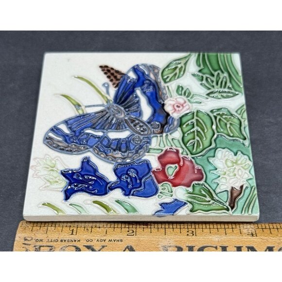 Vintage Ceramic Tile Decor Butterly Flowers Hand Painted 4x4 Wall Mount Backing - Picture 6 of 6